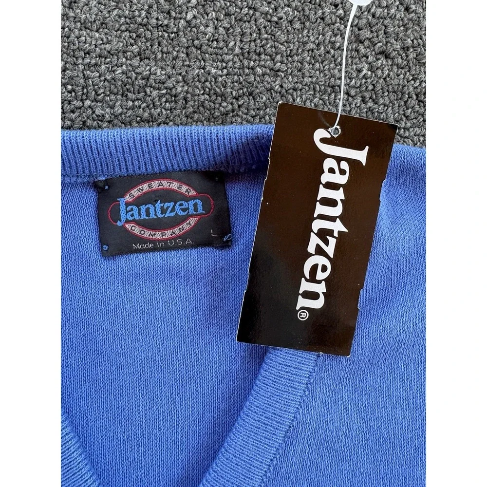Vintage 80s Jantzen Blue Sweater Size Large Made In USA V Neck Pullover Acrylic
